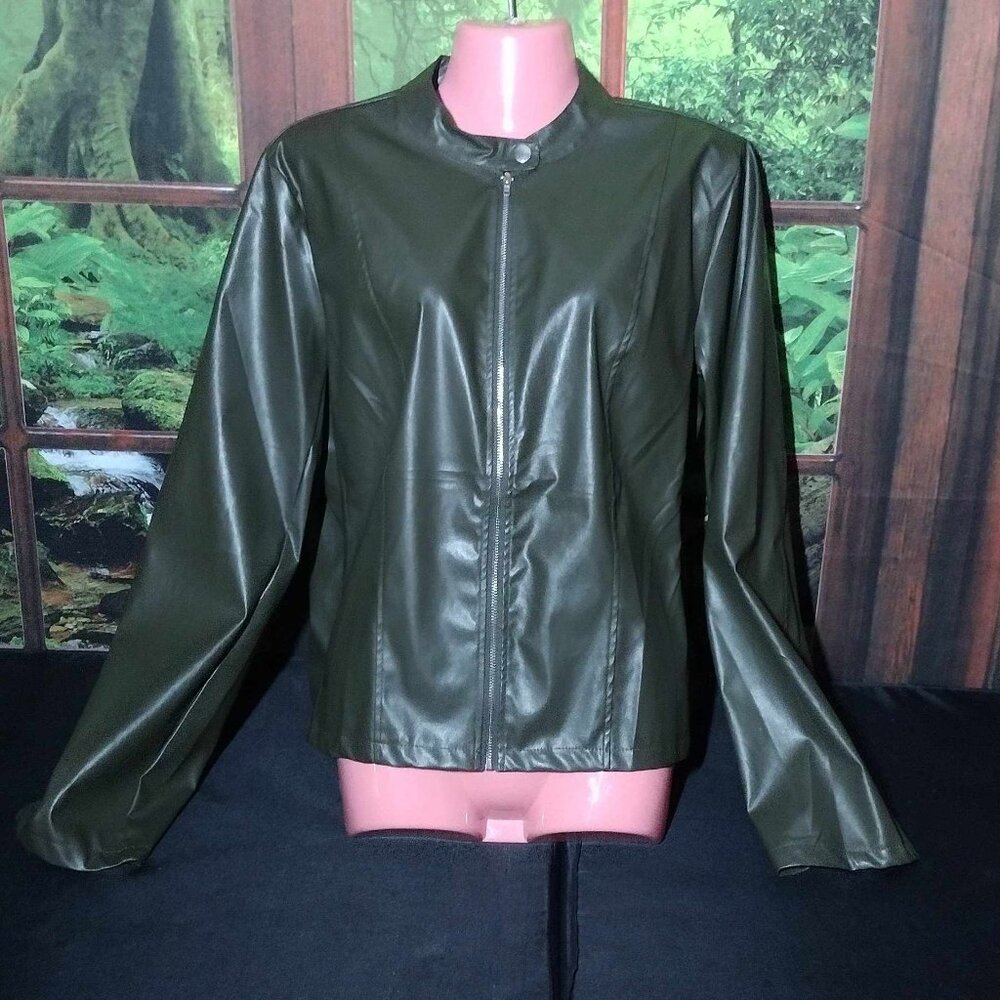 New Size XXL - Dark Green Vegan Leather Zipper Jacket - Picture 2 of 6